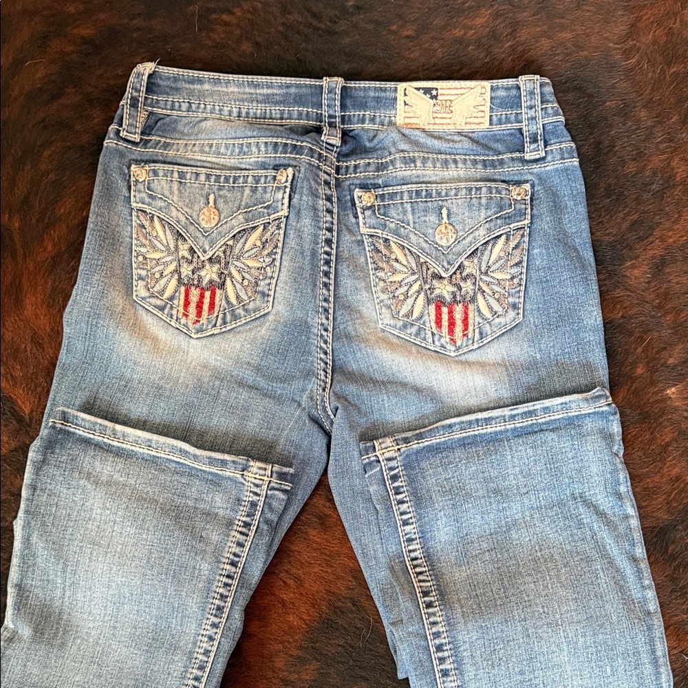 Miss Me Light Blue Boot Cut Jeans with Red & White Embroidery